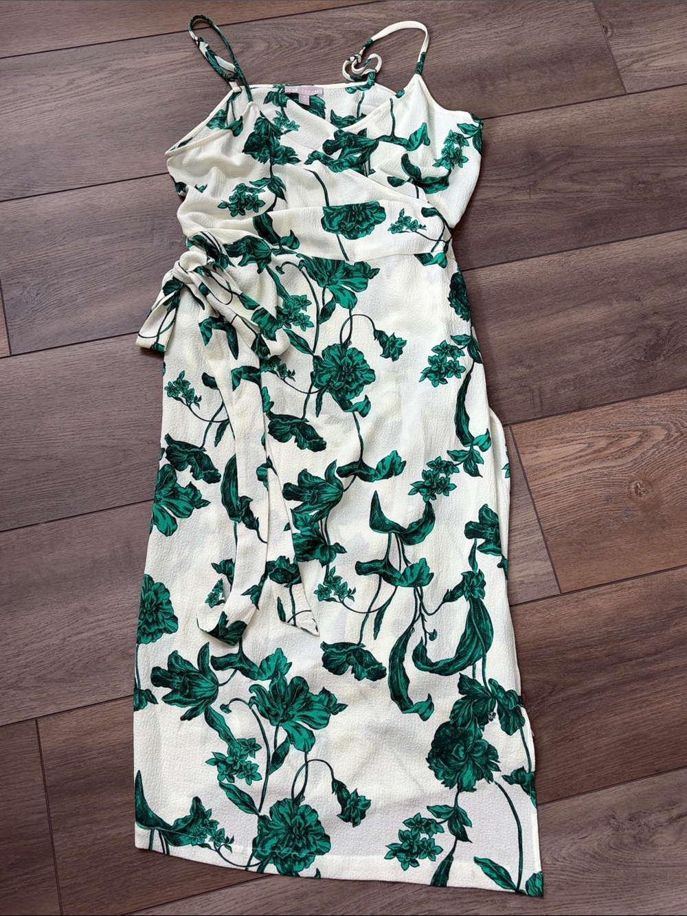 White and Green Floral Midi Dress - Sleeveless Wrap Style